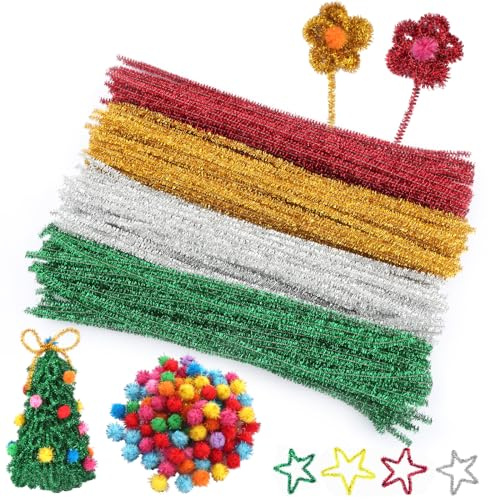 Lahnao 400 Stück Pfeifenputzer zum Basteln mit 100 Bommeln, 30.5cm Pfeifenreiniger, Blumen für Kinderdekorationen und Handgemachte Geschenke
