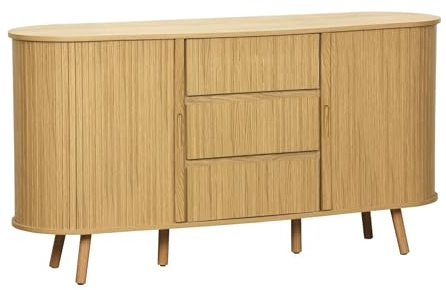 sweeek - Skandinavisches ovales Sideboard, 2 Schiebetüren, 4 Fächer, 3 Schubladen, geriffelte Holzoptik, naturfarben, B 150 x T 40 x H 79 cm - Legacy