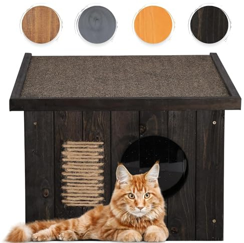 SPRINGOS Casa para gatos de madera para exteriores, 49,5 x 58 x 36 cm, casa de madera, rascador para gatos, puerta con láminas, techo plano, resistente a la intemperie, paredes aisladas, resistente al
