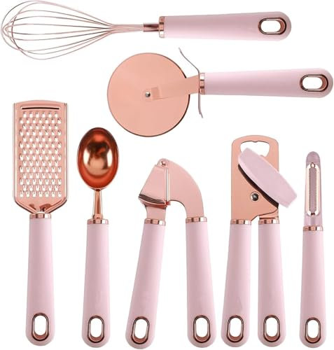 Lot de 7 ustensiles de cuisine en acier inoxydable avec poignées douces au toucher – Accessoires de cuisine avec ouvre-boîte, roulette à pizza, 7 pièces en acier inoxydable (rose)