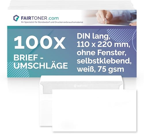 FairToner Briefumschlag DIN Lang Selbstklebend, (100 Stück) mit Innendruck in Folienpackung-eingeschweißt, weiß ohne Fenster