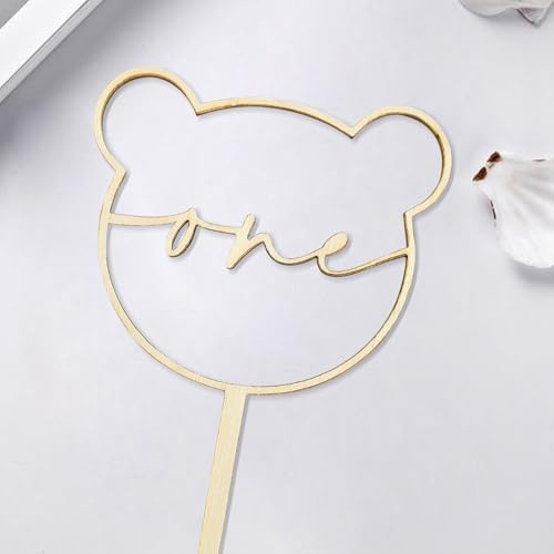 Wooden Bear One Cake Topper - 1st Birthday Cake Topper Decoration Supplies, Suitable for Baby Shower/Gender Reveal, Baby First Birthday Party or Baby Photo Booth Props