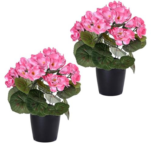 Mokylor 2-pack konstgjorda silkesblommor i pelargon i krukor, 25,8 cm fuskbegonia silkesblommor i kruka förmonterade bukett krukväxtbuskar för heminredning trädgård uteplats grav kyrkogårdsväg