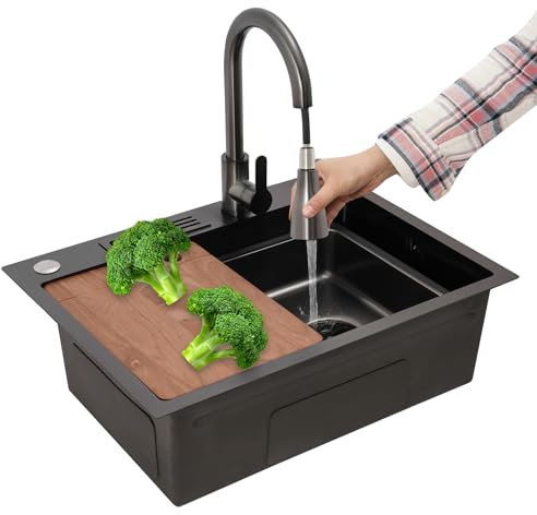 Susoso Edelstahlspüle, Spüle mit Messerhalter Küchenspüle mit Ausziehbarer Wasserhahn Ausgezeichnete Geruchsbeständigkeit Leistung für Cafeterien 60x45x22cm Schwarz