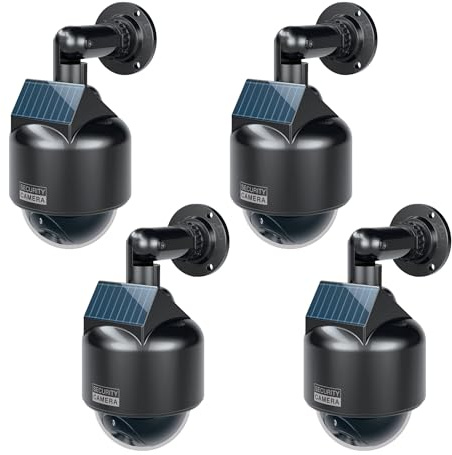 BASI | 4er Set Solar Kamera-Attrappe mit blinkendem LED-Licht | Dome Kamera | Dummy Kamera | Überwachungskamera für Innen- und geschützten Außenbereich | Solar Panel | 360 Grad Halterung | Weiß