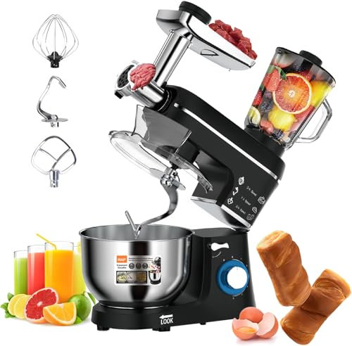 Fablestoryem Robot da Cucina Universale 5 in 1 1400W con Tritacarne Impastatrice Multifunzionale Miscelatore da 10 L con 5 Strumenti di Miscelazione Strumenti per Miscelare Spremiagrumi,Black