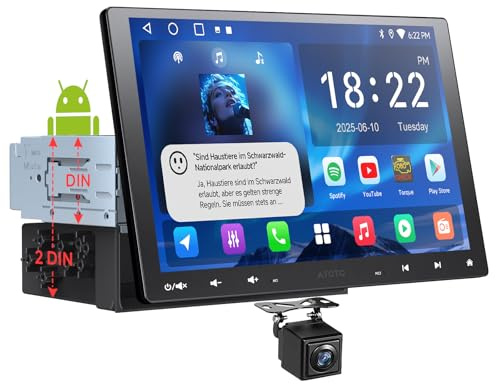 ATOTOEXCEL 10.1 Pulgadas Radio Coche 2 DIN y Single-DIN Adaptativo, CarPlay y Android Auto inalámbricos, Tethering WiFi/BT/USB, EQ de 24 Bandas, Cámara de Marcha atrás, HD LRV, 2G+32G