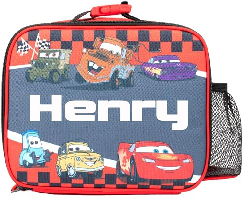 Disney Cars - Bolsa de almuerzo personalizada para niños, bolsa aislada para niños y niñas, personalización de nombre, color rojo