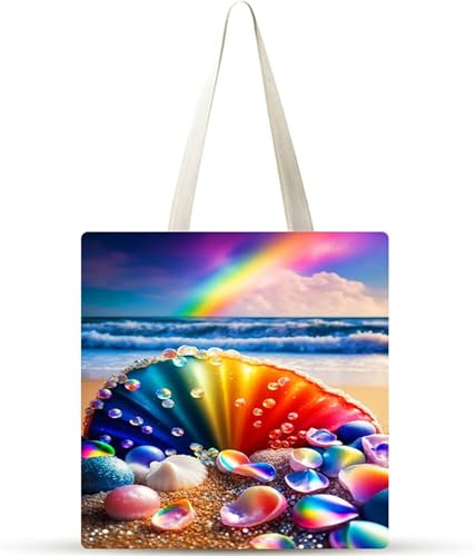 Conchas arcoiris Bolsa de Lona 38x34cm Tote Bag sin Cremallera,juego de 20 Canvas Tote Bags para Mujer, Bolsa de Compras Plegable, Bolso de Mano Lavable para Compras, Trabajo, Vida Cotidiana, Viajes