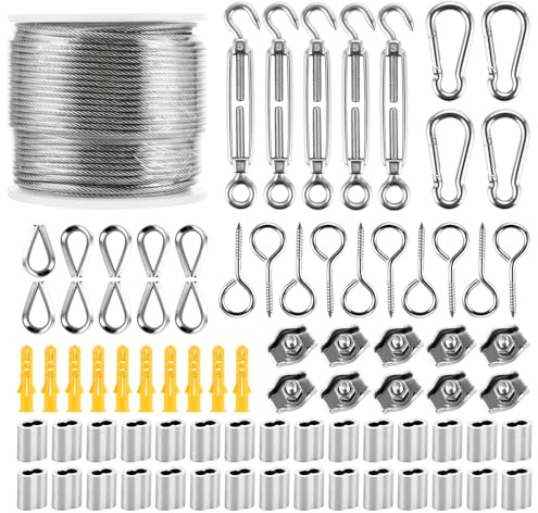 MIVIDE 50 m stålrep 2 mm, M5 spännlås krok och ögla i rostfritt stål, vajerset, karbinhakar M5, vajer rostfritt stål spänntråd av PVC, hölje för staket, ljusslinga lätt hängande