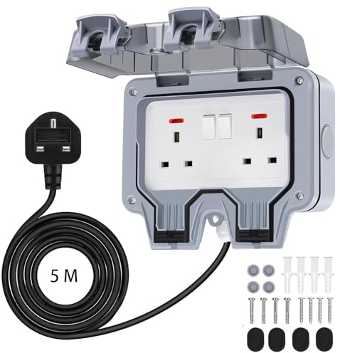 Demoyaya Weatherproof Outdoor Socket Double Socket Box Waterproof with Cable, Outlet IP66 13AMP 2 Gang Power Sockets, Wall Electrical Outlet Box for Garden Garage Yard (Dual Socket with 5M Cable)