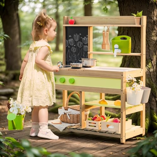 Matschküche Kinder Outdoor Spielzeug für Draußen Matschküche Gartenspielküche Matschküch Gartenspielküche Kinderspielküche aus Holz (3-8 Jahre) mit Wasserspüle - Für Garten & Haus