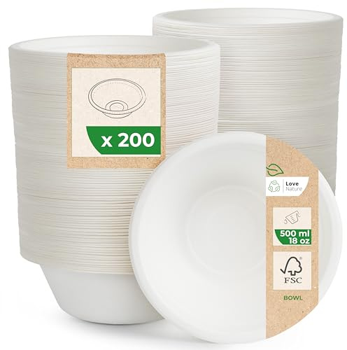 Love Nature Suppenschalen Einweg aus Zuckerrohr (500ml - 200 Stück) | Einwegschalen Kompostierbar Ökologische Suppenteller Einweg für Party und Picknick