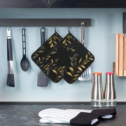 Pot Holders Set of 2 Pot Holder for Kitchen Hot Pads with Pocket Heat Resistant Kitchen Potholders Golden Olive Branch Cute Oven Hot Pad for Cooking Baking Microwave BBQ Gift