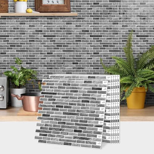 Alwayspon 30.5×30.5cm×10Sheet Grey Black Marble Subway 3D Self Adhesive Wall Tile Sticker, Peel and Stick Adhesive Waterproof Splashback Stick on Tile Decals for Kitchen Bathroom Wall