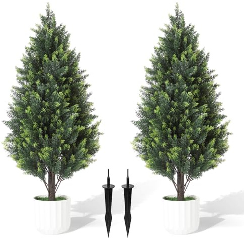 Gladeup 3FT Artificial Cedar Topiary Trees Set of 2 Detachable Planter & Spike,UV Resistant Faux Plants Outdoor and Indoor,Realistic Fake Bushes Pine Tree for Front Porch Decor
