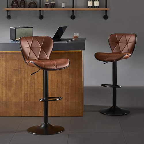 Nestvatto Bar Stools Set of 2, Modern Swivel Counter Height Bar Stools, Adjustable PU Leather Bar Chairs with Backrest, Upholstered Armless Bar Height Stools, Island Chairs for Kitchen Counter, Brown