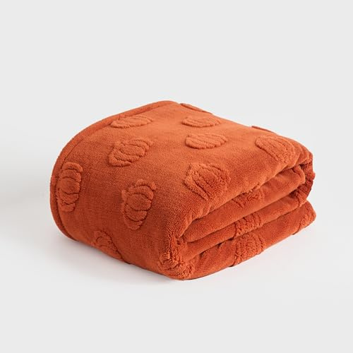 OHS Halloween Fleece Throw Blanket for Sofa, Super Soft Cosy Warm Tufted Pumpkin Fleece Blanket for Bed Settees Armchairs Lightweight Fluffy Double Bed Throws, Rust - 130 x 160cm