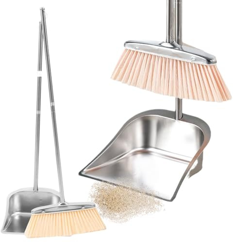 Mimoqk Scopa con raccoglipolvere Set di scopa per pavimento da bagno | strumento di pulizia del pavimento in acciaio inossidabile per casa, soggiorno, camera da letto, ufficio, appartamento, garage