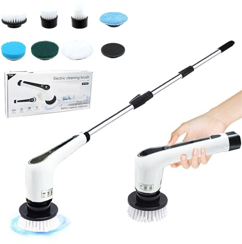 Limpiador giratorio eléctrico inalámbrico, potente limpiador de baño y bañera con mango largo, 7 cabezales reemplazables, cepillo eléctrico portátil para limpieza de azulejos y suelos, herramienta