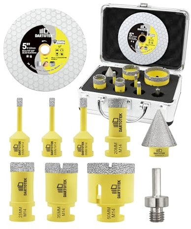 DARTOTEK Forets Diamant pour Carrelage 10 Pièces - 6/6/8/20/25/35/50mm x M14 Trépan, 35mm Mèche de Chanfrein, Adaptateur, Disque Diamant 125mm pour Céramique Porcelaine Marbre Granit