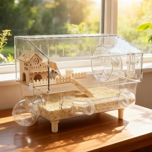 Großer Hamsterkäfig 2 Etagen (45x28x34cm) - Transparente Luxus Nagervilla aus Acryl - 11-teiliges Zubehör Set für Goldhamster, Meerschweinchen & Degus - Belüfteter Kleintierkäfig, Einfache Montage