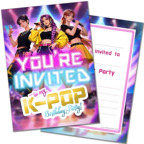 Confezione da 20 biglietti di invito per feste pop Girls con buste, design animato al neon, su entrambi i lati, progettati e stampati nel Regno Unito