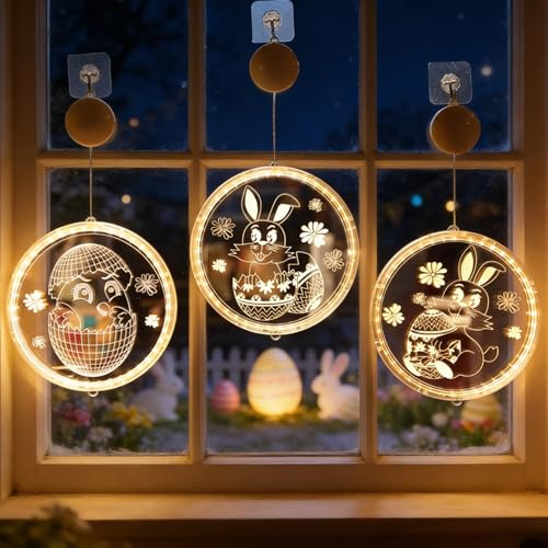 Osterdeko LED Fenster Licht, 3 Stück Lichterkette Ostern Deko Innen, LED Osterbeleuchtung zum Aufhängen mit Osterhase Muster, Ostern Deko Fensterbeleuchtung Batteriebetrieben für Osterdeko Fenster (A)