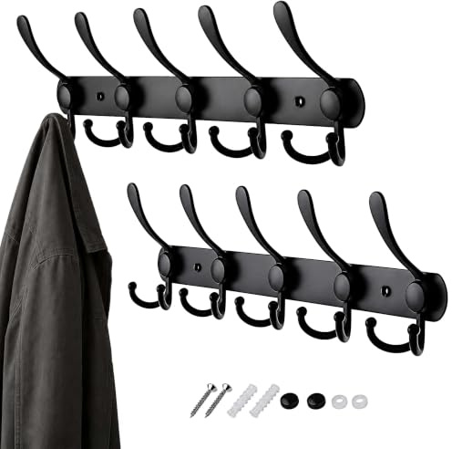 Perchero Relaxdays, set de 2, 5 ganchos triples, acero inoxidable, pasillo, dormitorio, perchero de pared moderno, negro