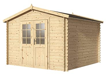 Woodtex Holz Gartenhaus Blockbohlenhaus CA2875 Houston | Wandstärke 28 mm | Naturbelassen | BxTxH: 310 x 298 x 226 cm | Doppeltür mit Echtglas | Sockelmaß: 280 x 280 cm | Satteldach