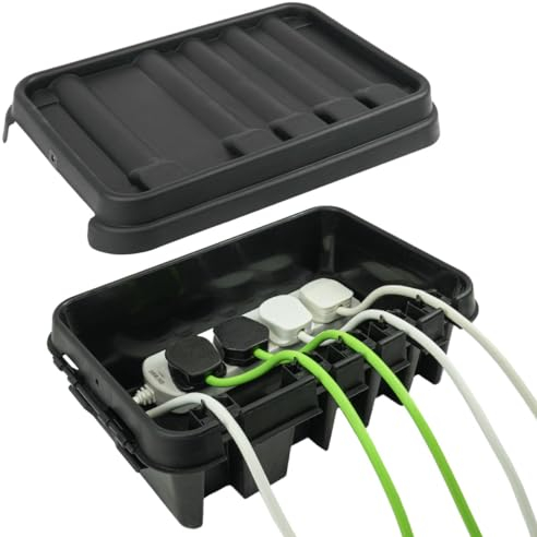 DRiBOX – Medium IP55 Weatherproof Outdoor Electrical Connection Box 34 x 22 x 11.7cm – Power Cord Enclosure for Christmas Lights, Timers, Extension Cables, Leads, Reels, Transformers (Medium, Black)