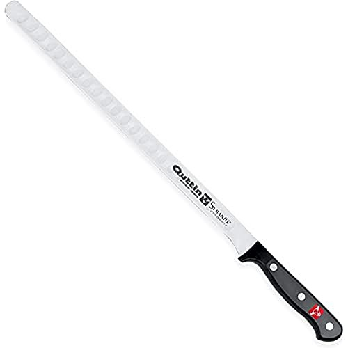 Quttin Cuchillo Jamonero Alveolos, Hoja Afilada Remaches Acero Inoxidable, Molibdeno Vanadio, Jamon Serrano Iberico, Mango POM Resina Acetalica. Sybarite Negro, Hoja 28 cm