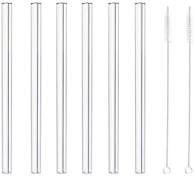 MIXIAO Cannucce in vetro dritte e riutilizzabili fatte a mano trasparenti, confezione da 6, con 2 pennelli, lunghezza 15 cm, diametro 10 mm, senza cannucce in vetro BPA