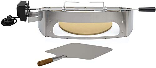 BBQ-Toro Edelstahl Pizzaring Set mit Grillspieß | Pizzaeinsatz und Drehspieß passend für Weber Q200 / Q2000 Serie | Rotisserie mit Motor und Pizza Element inkl. Schaufel und Pizzastein