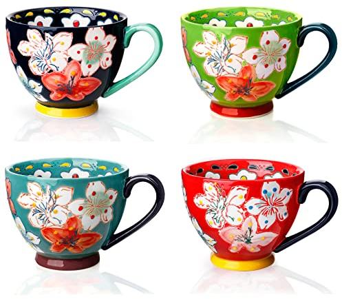 Awanber Ceramic Coffee Tea Mug Set of 4, Four Colors Hand Made Coffee Tea Coffee Cup - Best Birthday Christmas Gifts for Women, Girls - Mother's Day Gifts for Mom, Wife - Red/Green/Blue/Lake Blue