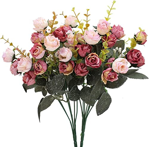 powomuge Artificial Flowers,2 Bouquets Small Rose Silk Flowers for Wedding Decoration Vase Fake Flowers Arrangements (Pink)