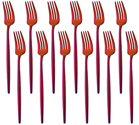 BUY&USE Lot de 12 couverts de table modernes en acier inoxydable, réutilisables, largement utilisés pour la maison, les restaurants, les fêtes, 21,8 cm, rouge arc-en-ciel