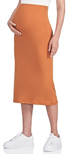POSHDIVAH Women's Maternity Skirt Over The Belly Midi High Waisted Solid Stretchy Pregnancy Pencil Skirt Camel Medium