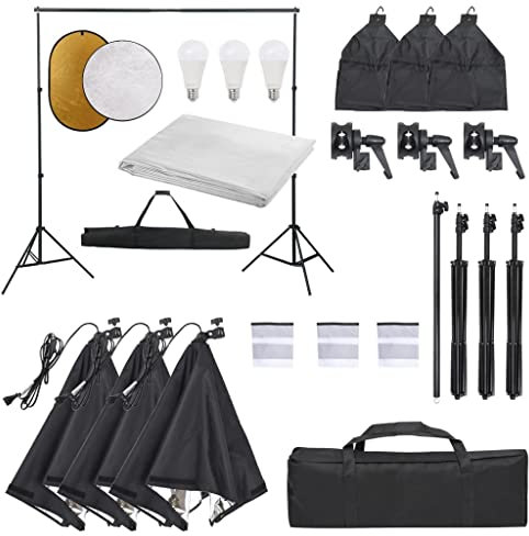 vidaXL Kit de Estudio Fotográfico con Set de Luces, Fondo y Reflector Soporte Pantalla Foto Video Sistema Lámparas Luz Iluminación Plegable
