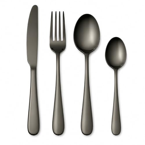 1Above 24 Pieces Cutlery Set for 6 People, Stainless Steel Flatware Set with Spoon, Knives, Fork and Tea Spoon. Dishwasher Safe, Easy Clean, Mirror Polished (Black)