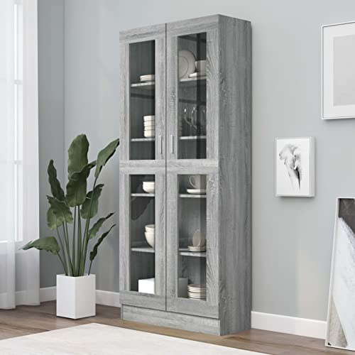 Tidyard Sonoma Book Vitrine Cabinet with Glass Doors - Home Organiser Storage Shelving Unit - Grey Engineered Wood - 82.5x30.5x185.5 cm