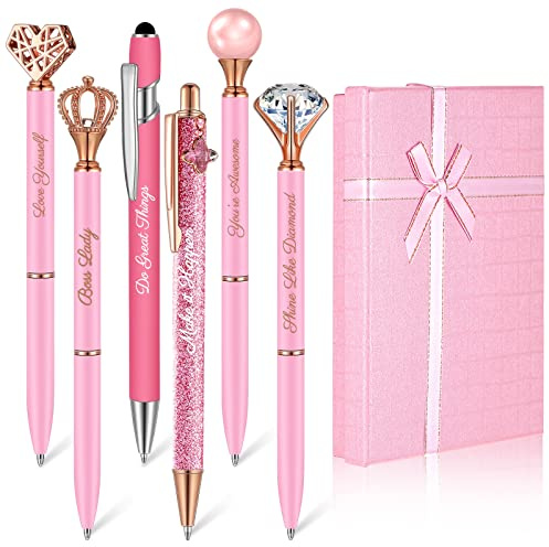 Qeeenar 6 Pcs Fancy Pens for Women Crystal Diamond Pen for Journaling Pretty Glitter Ballpoint with Box Inspirational Gifts for Women Girls College Students Cute Back to School Gifts(Pink)