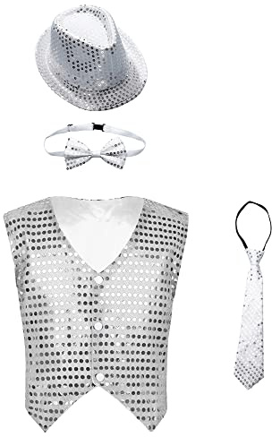 inhzoy Enfant Garçon Gilet à Paillette Danse Moderne Jazz Chapeau Cravate Sequins Brillant Vest Danse Rue Hip-hop Costume Danse Disco Performance 8-14 Ans Z2 Argenté 10-12 ans