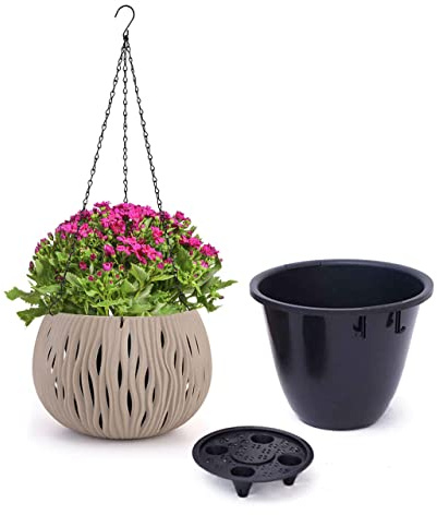 Moollyfox Blumenampel Außen, Ø 27cm Blumentopf Hängend mit Rostfrei Ketten, Hängeampeln Outdoor Kunststoff für Draußen, Hängeblumentöpfe mit Ablaufloch, Hängeampeln für Außen Innen Decken Pflanzen