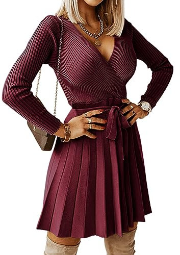 Damen Pulloverkleid Winter Langarm V-Ausschnitt Strickkleid Hohe Taille A-Linie Elegant Kurzkleid mit Abnehmbarer Gürtel (Burgund, L)