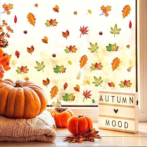 HIQE-FL Foglie Autunnali Adesivi, Vetrofanie Autunno, Vetrofanie per Finestre Foglie, Thanksgiving Decorazioni, Decorazioni di Feste Autunnali, Ringraziamento Addobbi