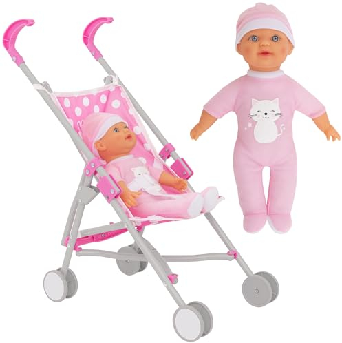 Dolly Tots Einzel-Puppenwagen Pink mit Polka-Dots & Puppe | Klappbarer Puppen-Buggy mit passender Puppe | Puppenwagen Spielzeug ab 2 Jahren.