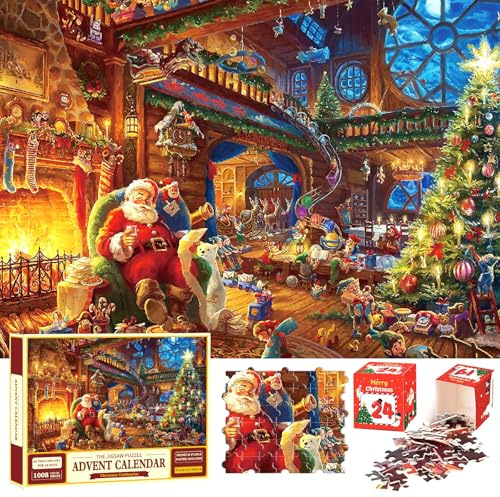 POPOYU Christmas Advent Calendar 2025 Jigsaw Puzzles Kids,27x19inch Xmas Advent Calendar Puzzles 1008 Pieces 24 Days Divided into 24 Boxes,Christmas Puzzles Countdown calendar for Adults Kids Gifts