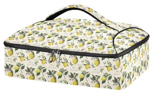 Mnsruu Lemon and Butterflies Vintage Casserole Carrier for Hot or Cold Food, Insulated Casserole Dish Carrier Bag with Lid, Food Carrier for Travel Party Picnic Tote Bag
