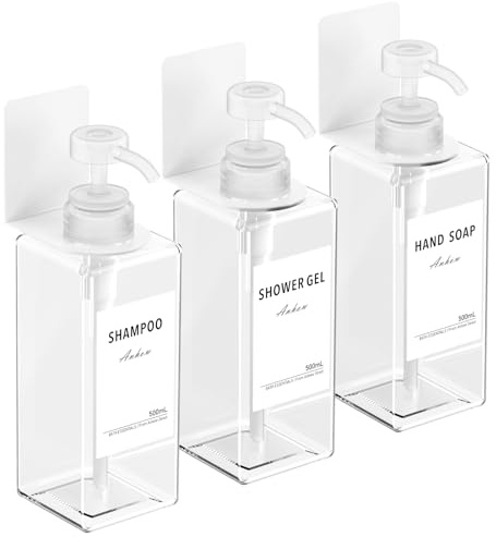 Anhow 3 Stycken Badrum Tvåldispenser, 500 ml Väggduschdispenser utan borrning Duschdispenser Duschschampo och Duschtvål med Etikett för Badrum Dusch Kök - Transparent